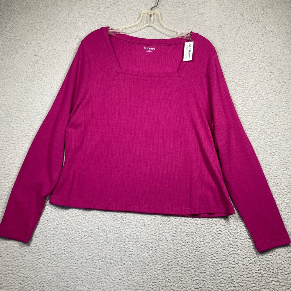 Old Navy Ribbed Knit Crop Top Women XL Magenta Square Neck Long Sleeve Solid